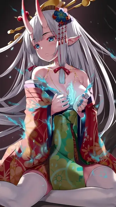 Oni girl in kimono holding glowing orb