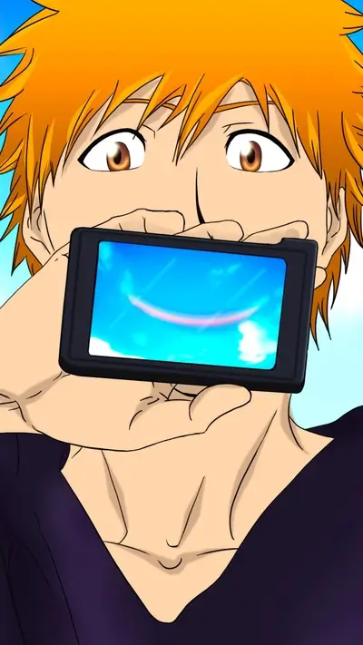 Orange-haired boy holding a device showing a sky