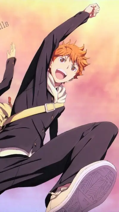 Orange-haired boy leaping joyfully against a sunset