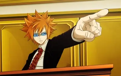 Orange haired man in suit pointing forward in courtroom