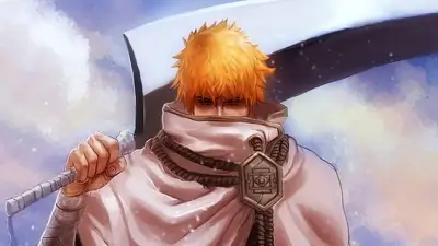 Orange haired warrior holding large blade over shoulder wearing white cloak