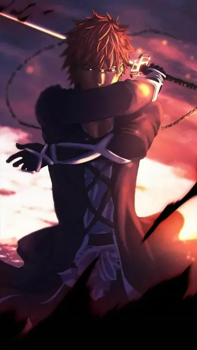 Orange haired warrior holding sword against sunset sky