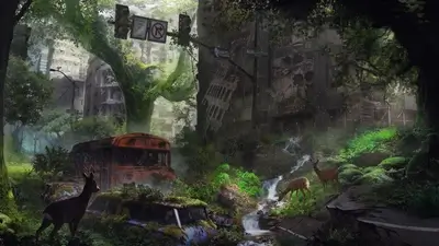 Overgrown city post-apocalypse, nature reclaims civilization, deer roam, old bus decaying