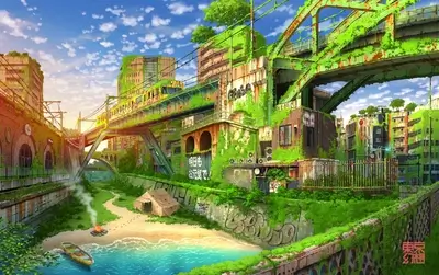 Overgrown city with elevated railway, beach by the river, and post-apocalyptic landscape