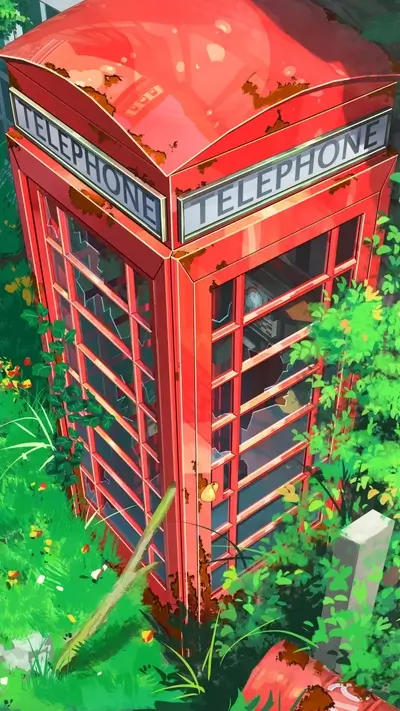 Overgrown rusty red telephone booth