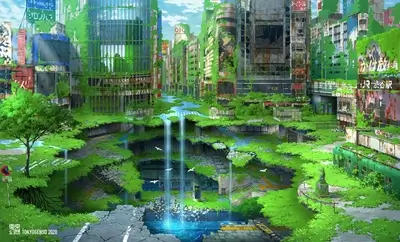 Overgrown urban landscape, ruined buildings, lush vegetation