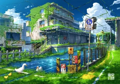 Overgrown urban landscape with a rusty train