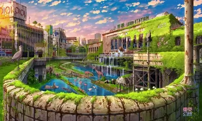 Overgrown urban landscape with animals