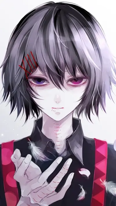 Pale character with dark hair and red markings