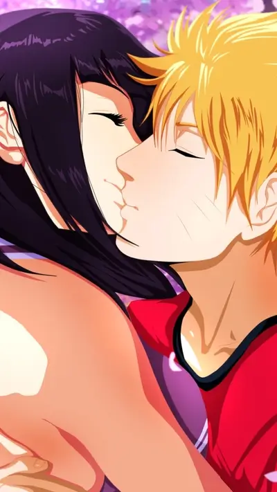 Passionate kiss between Hinata and Naruto, eyes closed, sharing an intimate moment