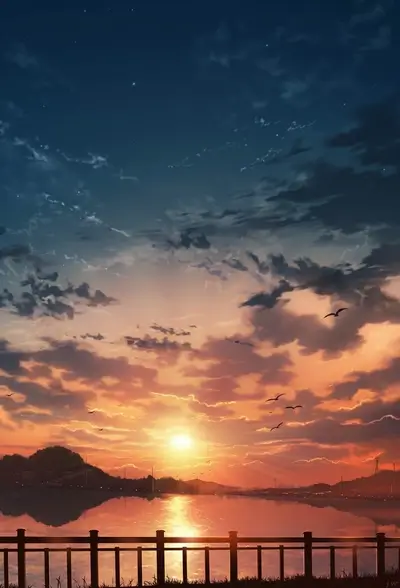 Peaceful sunset painting, birds fly over the water by the railing.