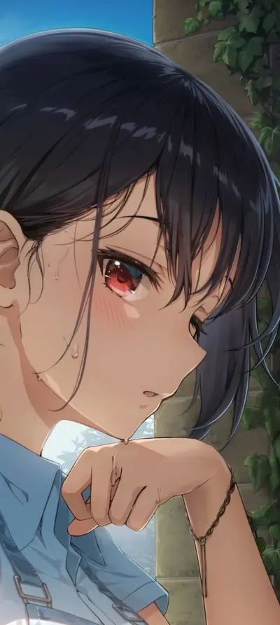 Pensive anime girl, tears welling, dark short hair, red eyes