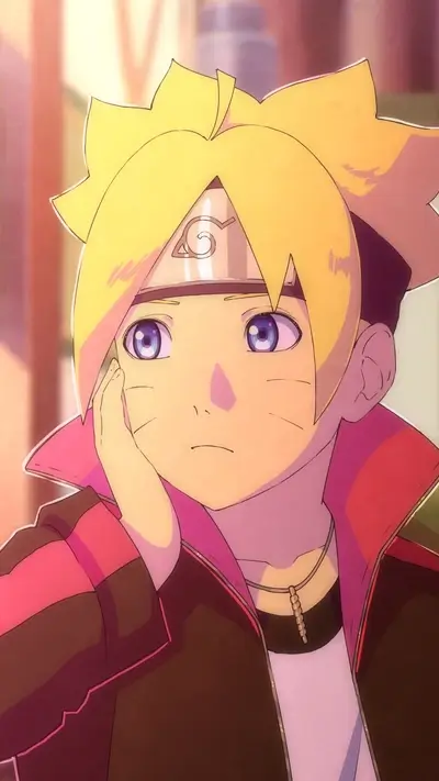 Pensive Boruto Uzumaki with head resting on hand, thoughtful look, wearing headband.