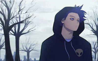 Pensive character with purple hair wearing a hoodie near winter trees