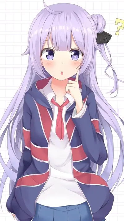 Pensive cute anime girl with purple hair and a question mark above her head