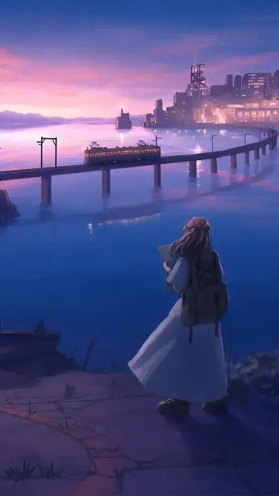 Pensive figure gazing at distant city skyline over water at sunset