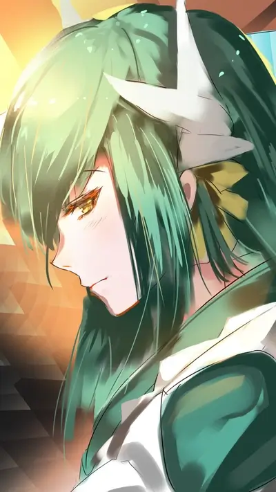 Pensive girl with flowing green hair, fair skin, and captivating amber eyes