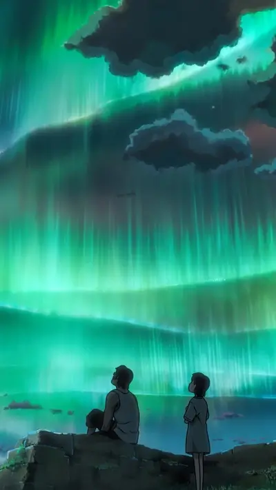 People enjoying aurora borealis, stunning light show, magical atmosphere