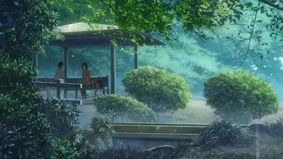 People sitting inside a wooden shelter during a rainy day