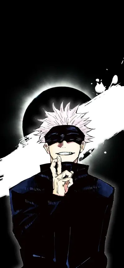 Performing hand sign with white hair and black blindfold