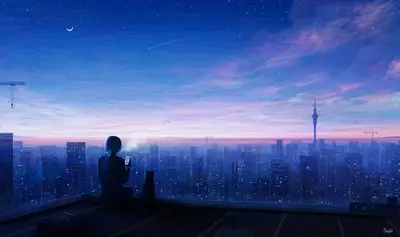 Person and cat sitting on a rooftop, overlooking a cityscape at night