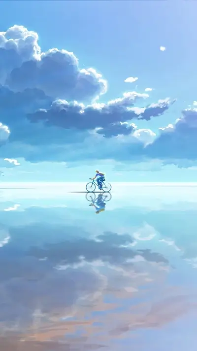 Person cycling across a reflective body of water