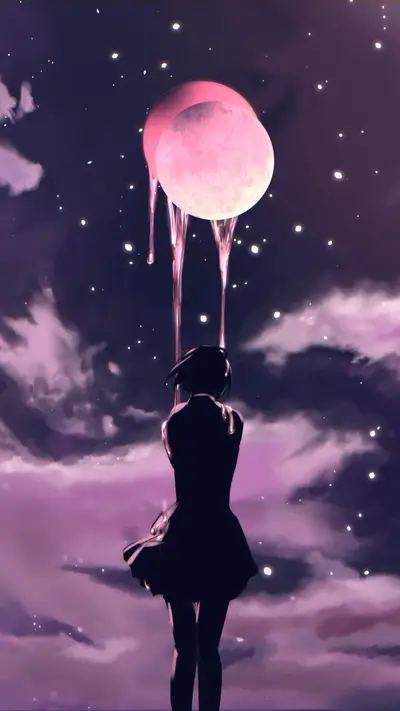 Person in dress facing two pale pink moons dripping down, starry night sky