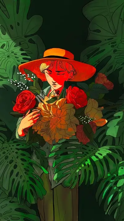 Person in hat holding flowers