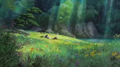 Person relaxing in a lush green meadow near a lake