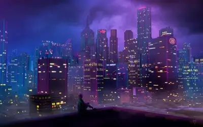 Person sitting on building roof, gazing city skyline at night under purple clouds