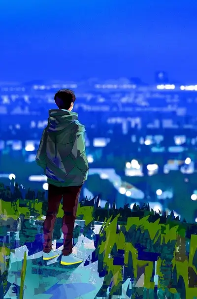 Person standing on a hill overlooking a city at night