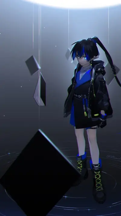 Person with black hair, wearing a black and blue outfit, standing in water