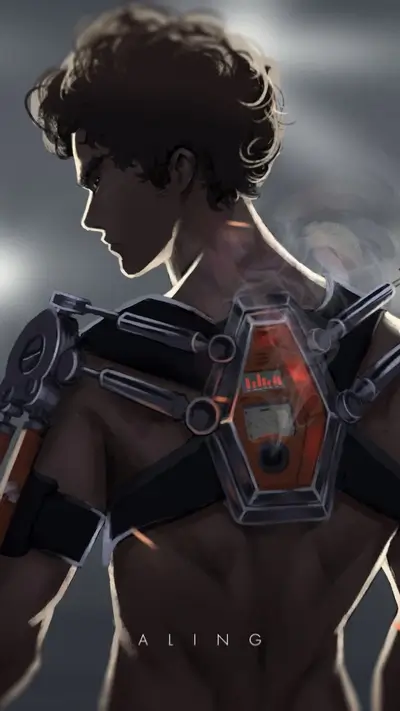 Person with curly hair and robotic equipment on back in a dark setting