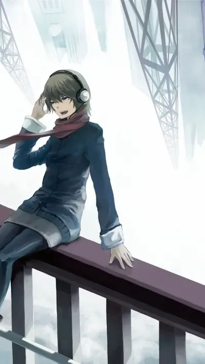 Person with headphones sits on the handrail with a blurry city background.