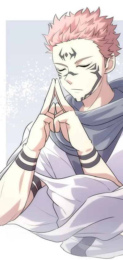 Person with pink hair and black markings is meditating