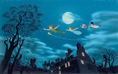 Peter Pan and the Lost Boys flying at night