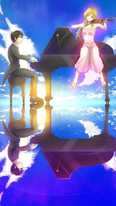 Piano and violin performance reflected in water