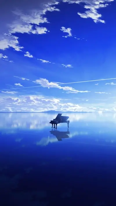 Piano standing alone on the water, sky reflecting on the surface