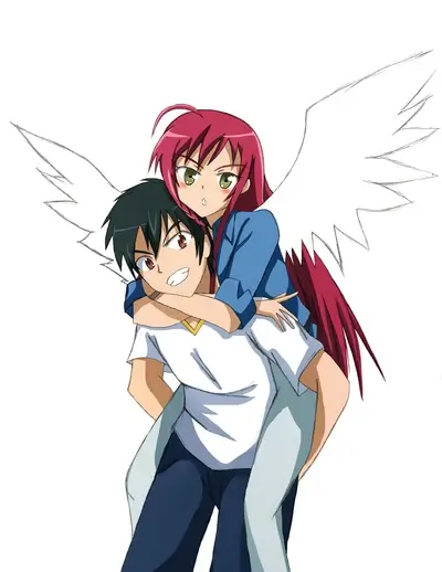 Piggyback ride given to a red haired girl with wings