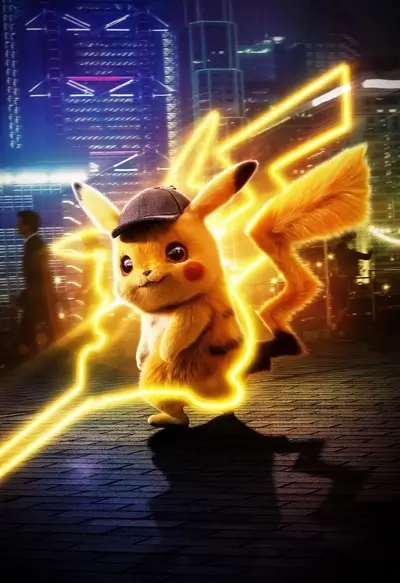 Pikachu detective in a neon-lit city