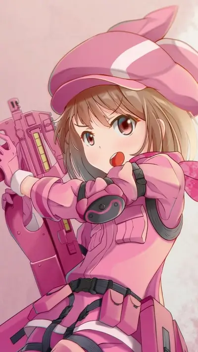 Pink-clad anime girl with gun, ready for action