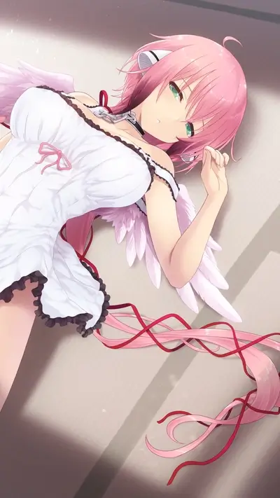 Pink-haired angel lying on the floor