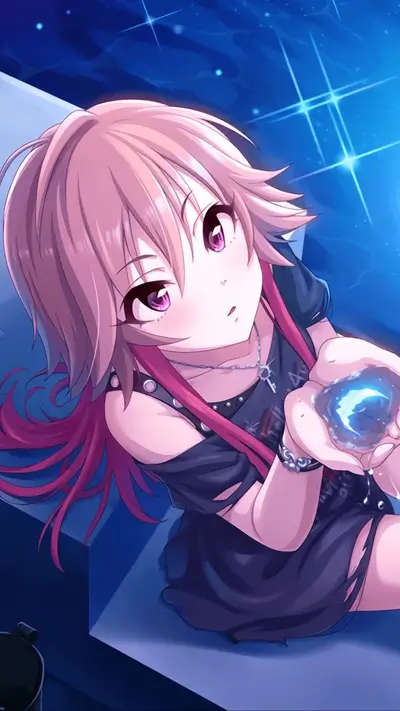 Pink-haired anime girl holding a mysterious glowing blue energy