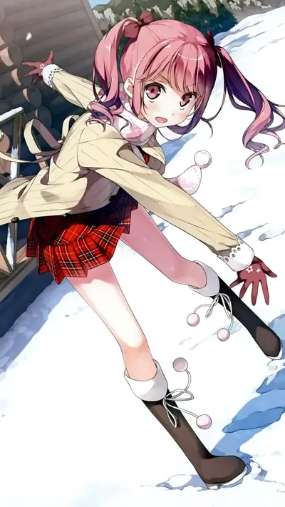 Pink-haired anime girl in winter, joyfully reaching in a snowy scene