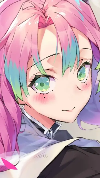 Pink-haired character with striking green eyes and delicate blush