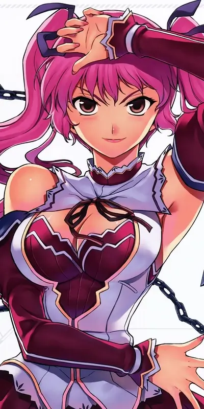Pink-haired female character with determined expression, in an elaborate outfit