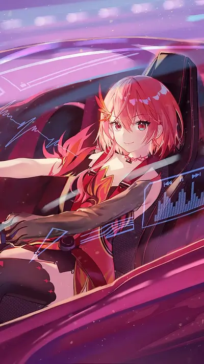 Pink-haired girl driving a futuristic car