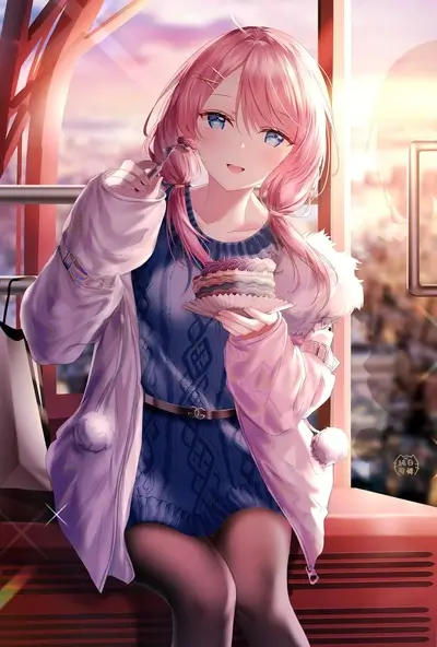 Pink-haired girl enjoying cake in a glass cabin