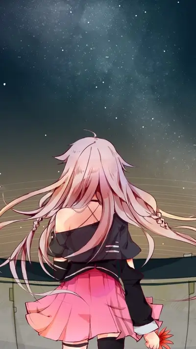 Pink-haired girl gazing up at the starry night sky, holding a flower