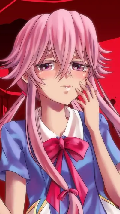 Pink-haired girl in a blue dress, red background